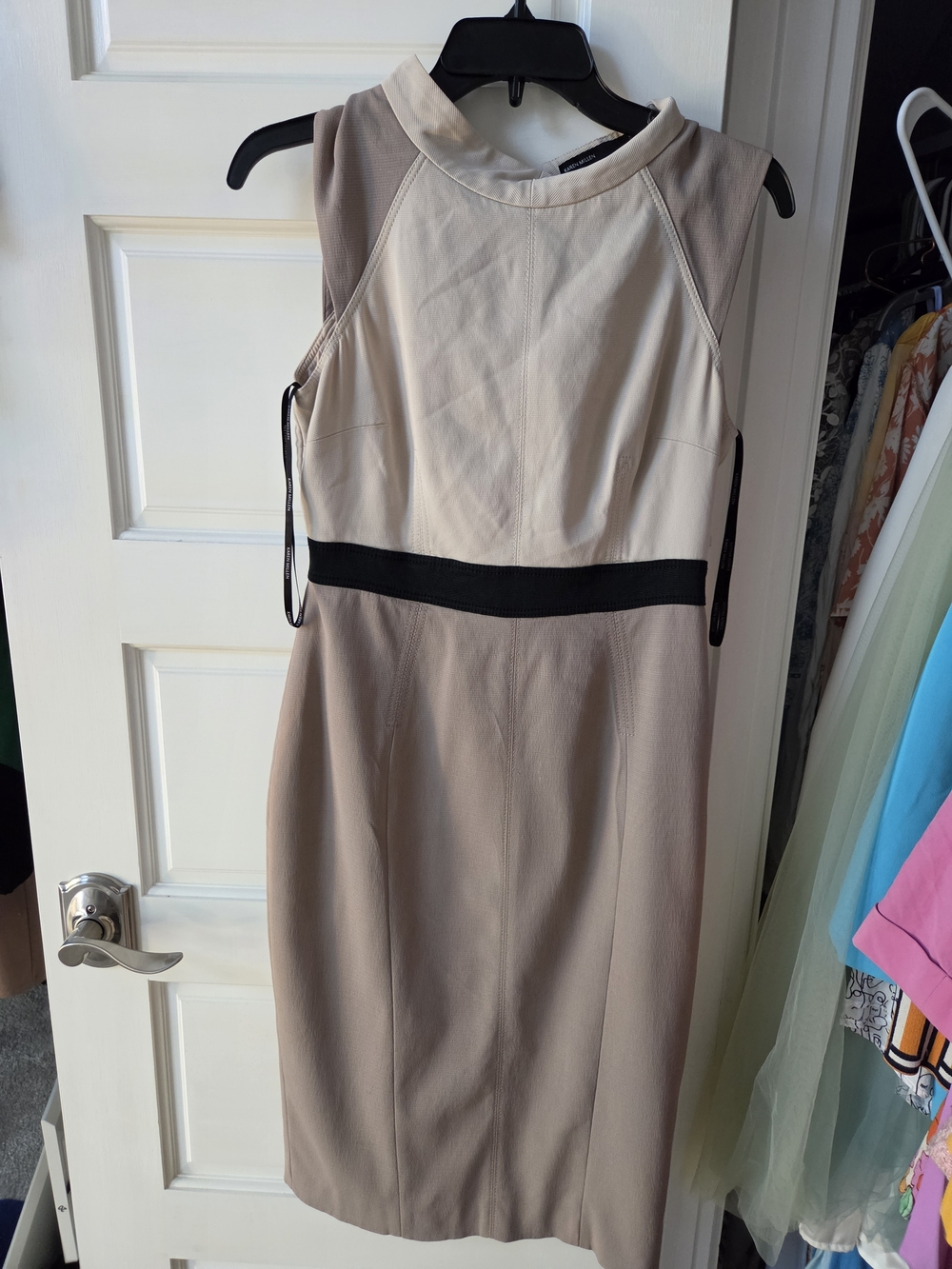 Karen Millen Two-Tone Midi Dress in Cream, Taupe and Black Waist